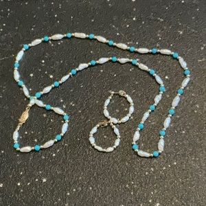 Genuine Biwa pearl and bead necklace set with matching hoop pierced earrings